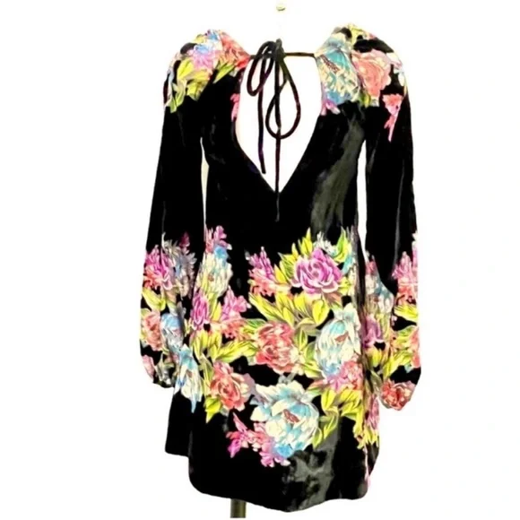 Free People Velvet Black Floral Design Long Sleeve Mini Dress Size XS - Picture 5 of 13